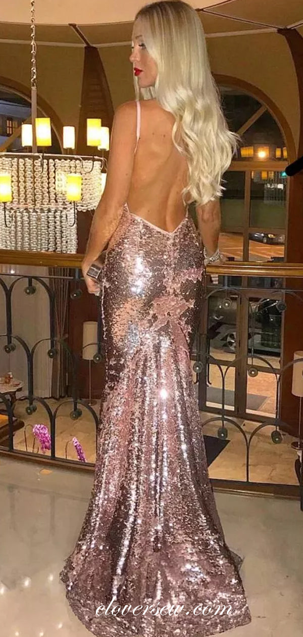 Rose Gold Sequin Spagehtti Strap Backless Mermaid Prom Dresses, CP0539