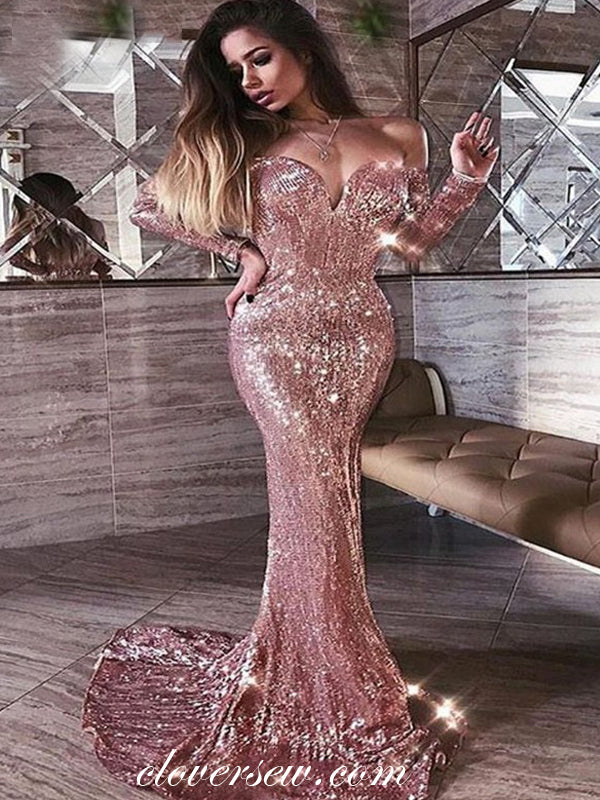 Rose Gold Sequin Off The Shoulder Long Sleeves Mermaid Prom Dresses,CP0155