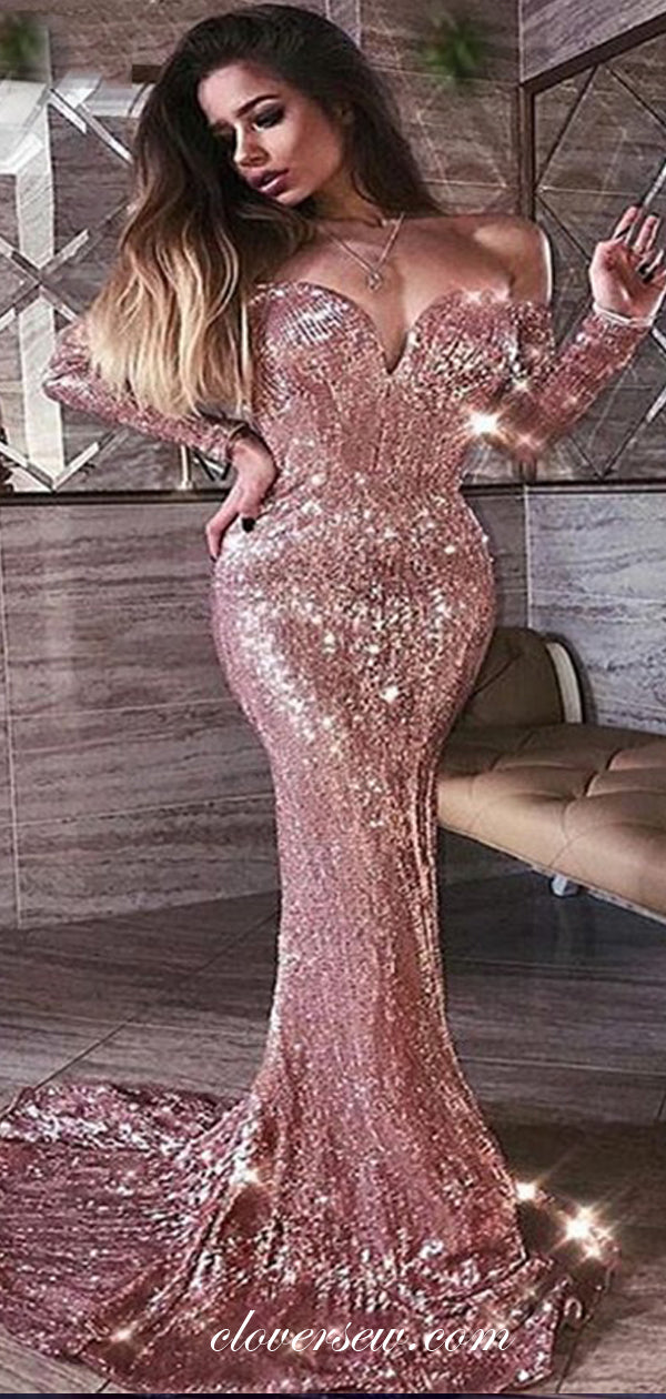 Rose Gold Sequin Off The Shoulder Long Sleeves Mermaid Prom Dresses,CP0155 Rose Gold Sequin Off The Shoulder Long Sleeves Mermaid Prom Dresses,CP0155