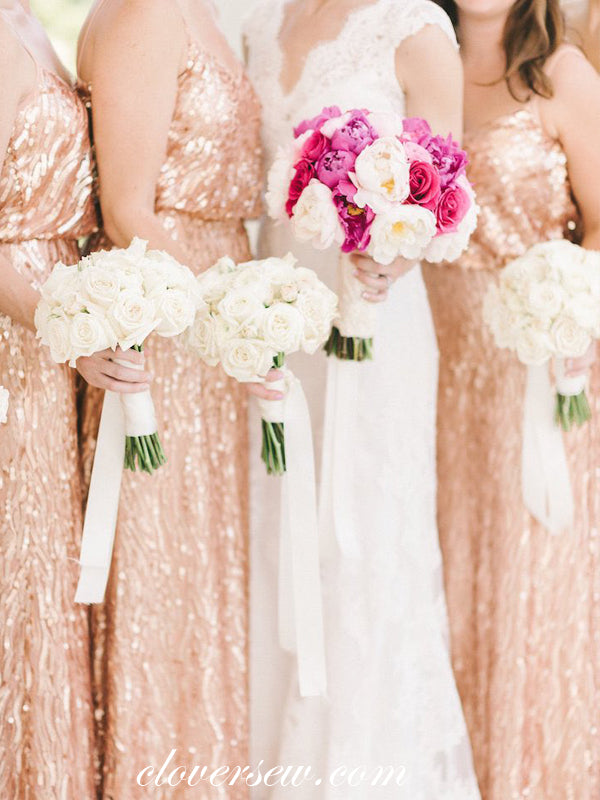 Rose Gold Sequin Spaghetti Strap Column Long Bridesmaid Dresses, CB0006