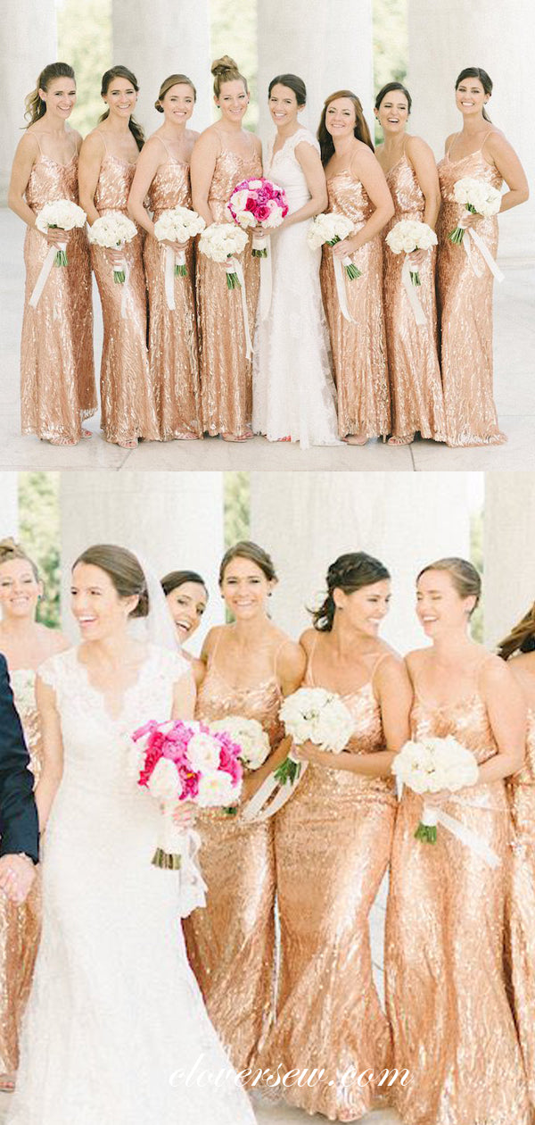 Rose Gold Sequin Spaghetti Strap Column Long Bridesmaid Dresses, CB0006