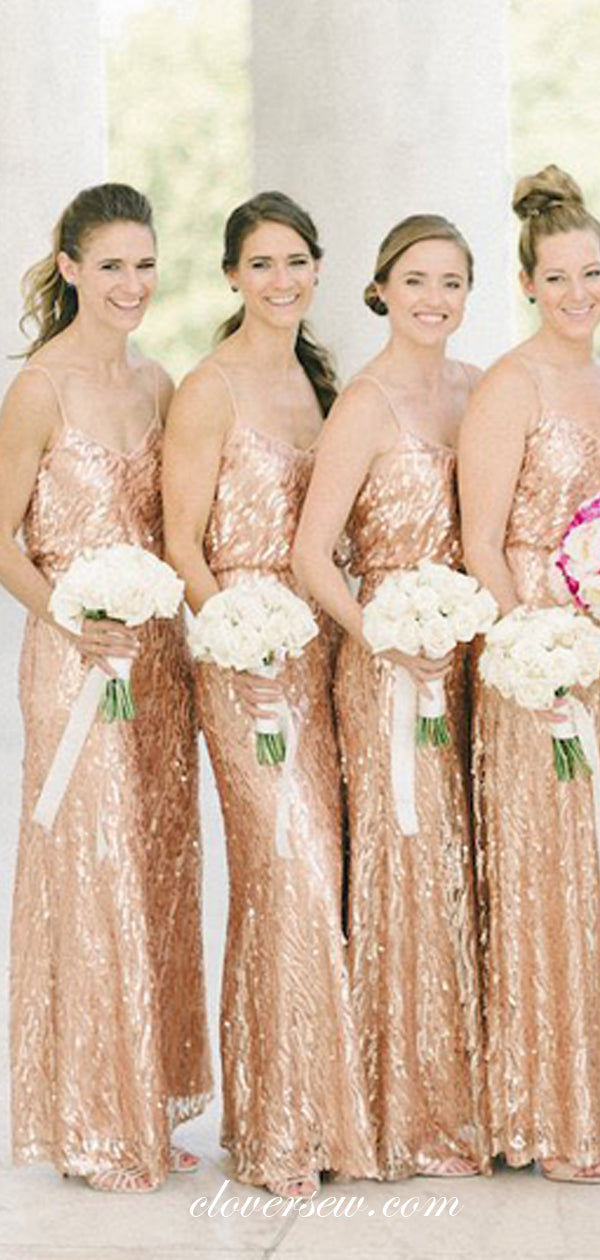 Rose Gold Sequin Spaghetti Strap Column Long Bridesmaid Dresses, CB0006