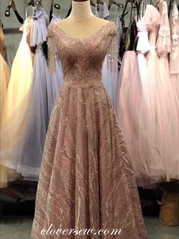 Rosy Lace Bead Short Sleeves With Tassel A-line Prom Dresses, CP0664