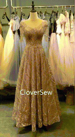 Rosy Lace Bead Short Sleeves With Tassel A-line Prom Dresses, CP0664