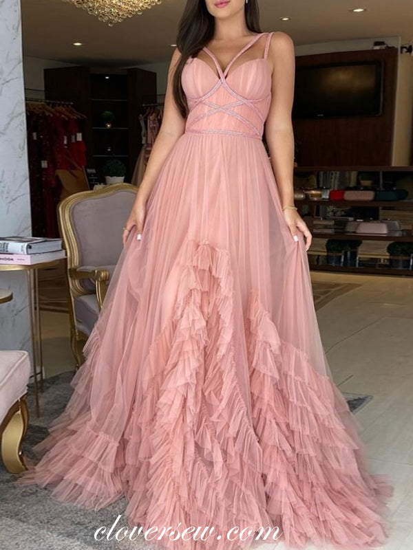 Rosy Pink Ruffles Tulle Fashion A-line Prom Dresses ,CP0699