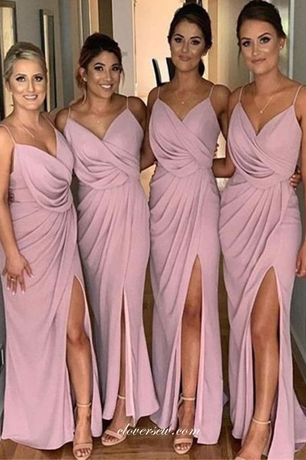 Rosy Pink Spaghetti Strap Pleating Sheath Elegant Bridesmaid Dresses,CB0270