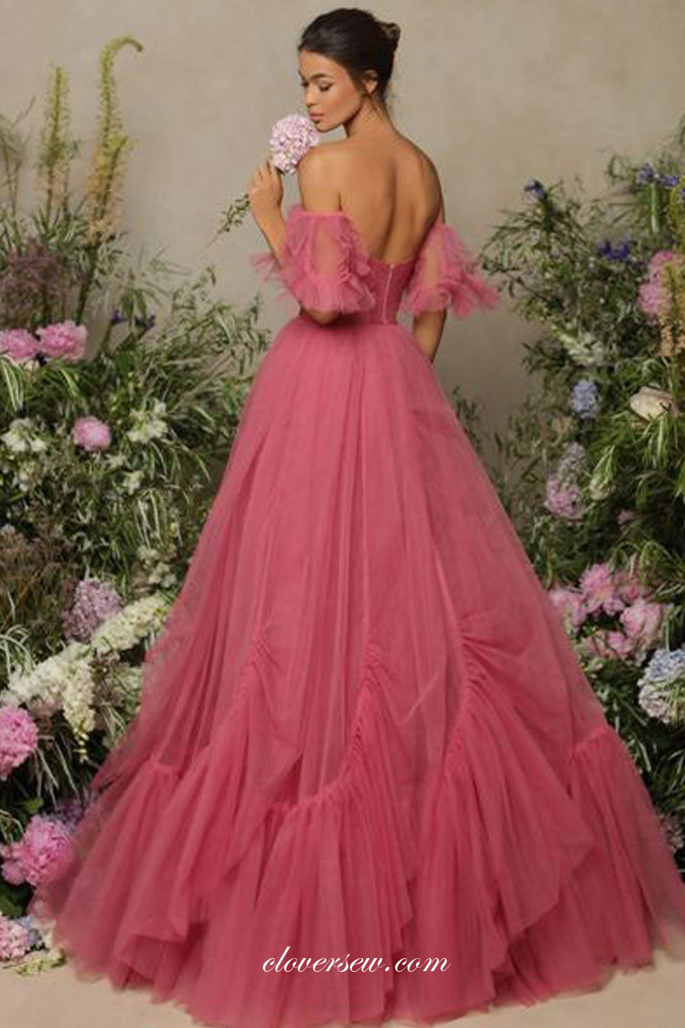 Rosy Pink Tulle Ruffles Off The Shoulder Princess Prom Dresses,CP0971