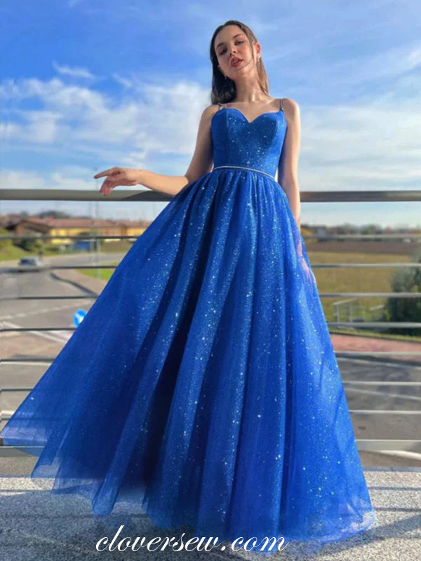 Royal Blue Glitter Tulle Lace Up Back A-line Sparkly Prom Dresses, CP1011