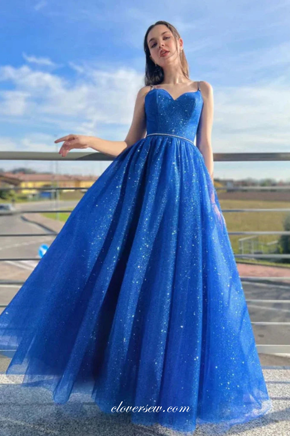 Royal Blue Glitter Tulle Lace Up Back A-line Sparkly Prom Dresses, CP1011