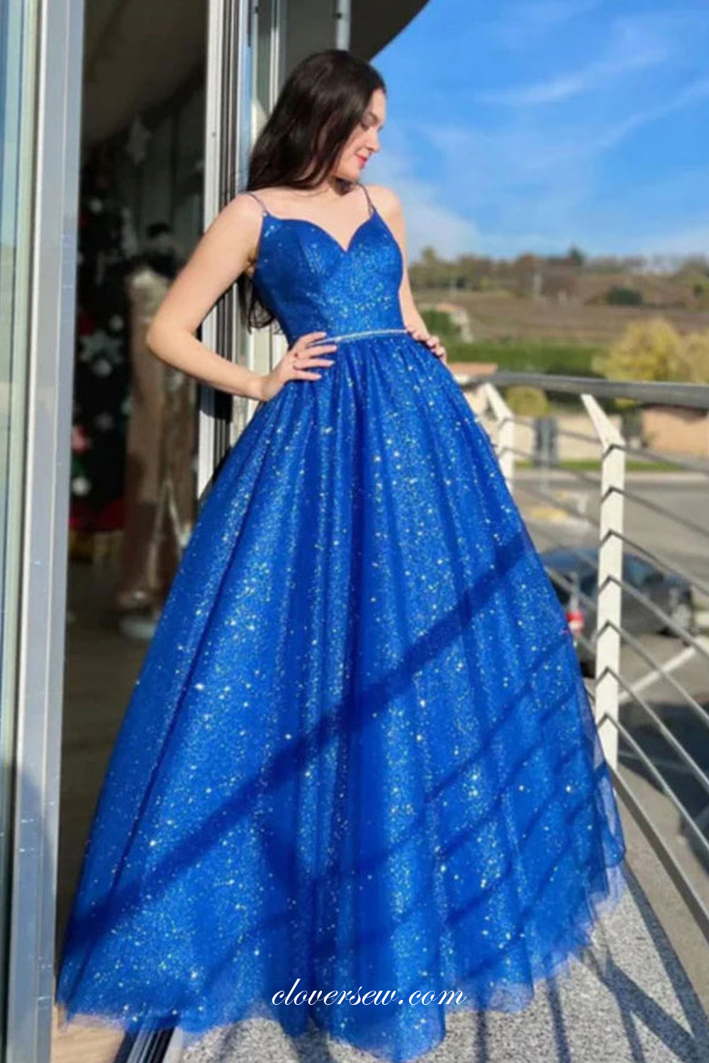 Royal Blue Glitter Tulle Lace Up Back A-line Sparkly Prom Dresses, CP1