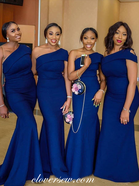 Royal Blue One Shoulder Mermaid Long Bridesmaid Dresses, CB0187