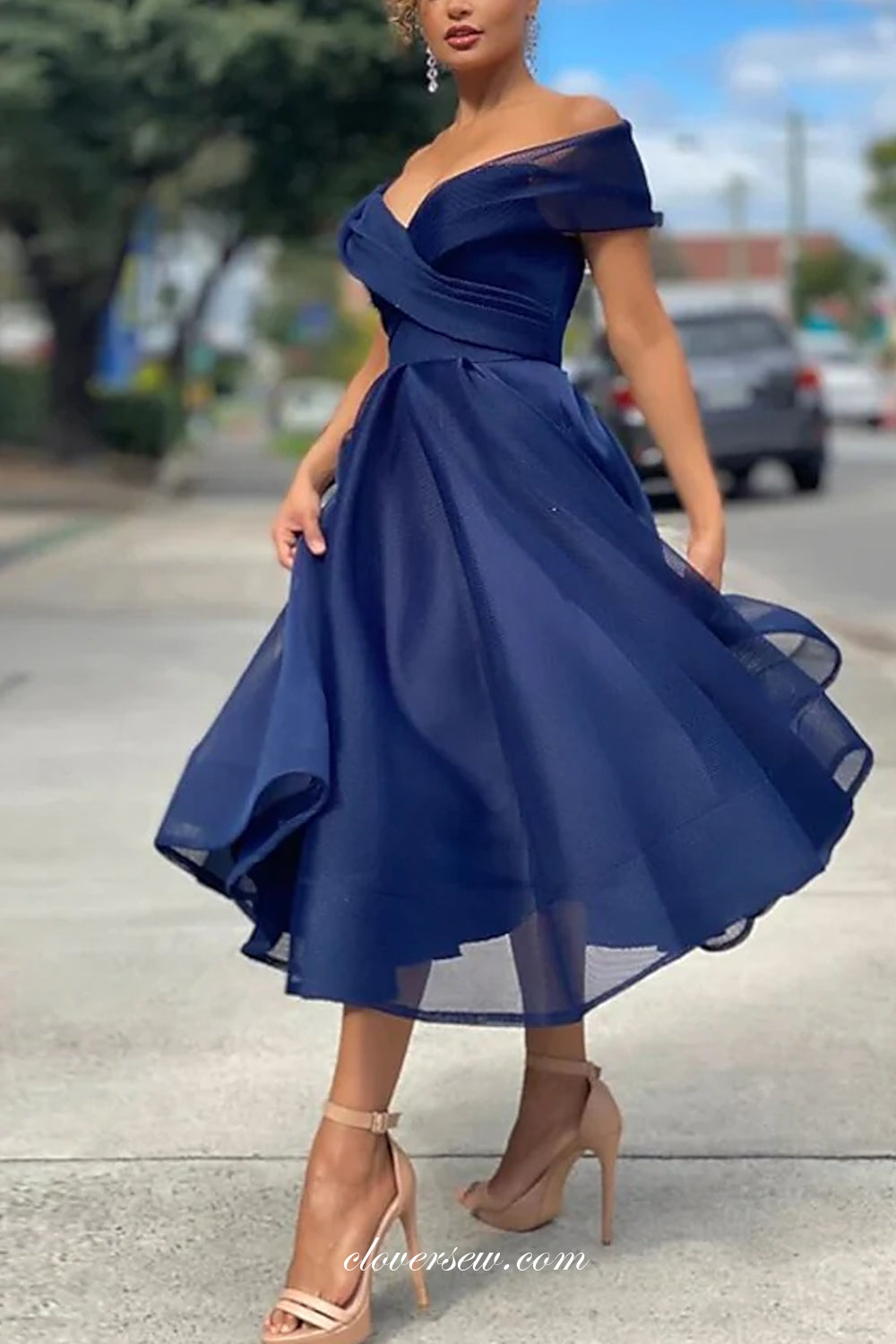 Royal Blue Organza Off The Shoulder Elegant Tea Length Prom Dresses, CP0722