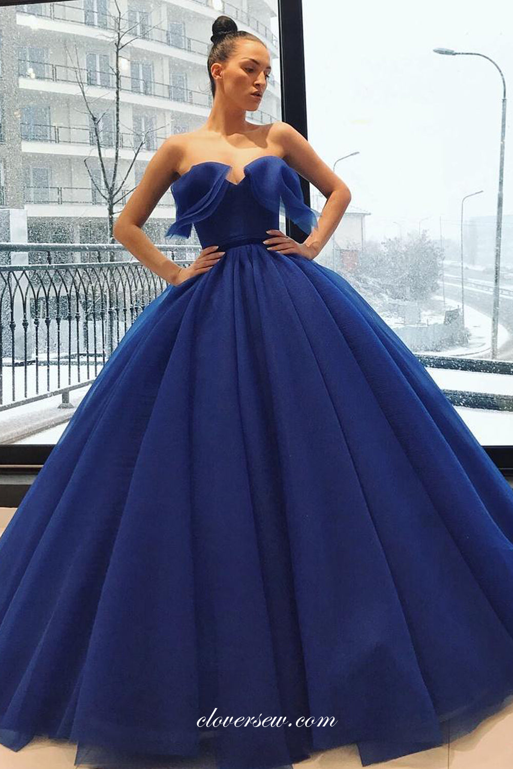 Royal Blue Organza Ruffles Strapless Ball Gown Princess Dresses, CP076