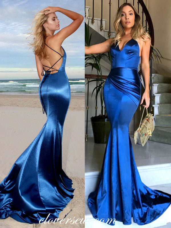 Royal Blue Elastic Satin Spaghetti Strap Lace Up Back Mermaid Evening Dresses, CP0076