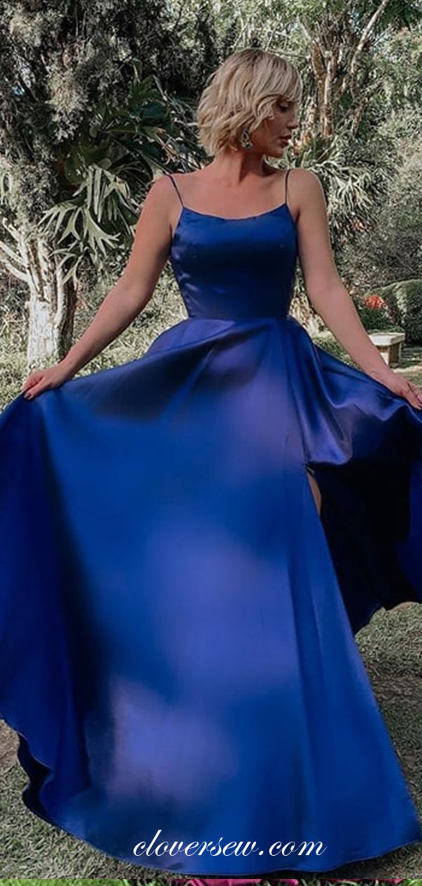Royal Blue Elastic Satin Spaghetti Strap Lace Up Back Prom Dresses,CP0347