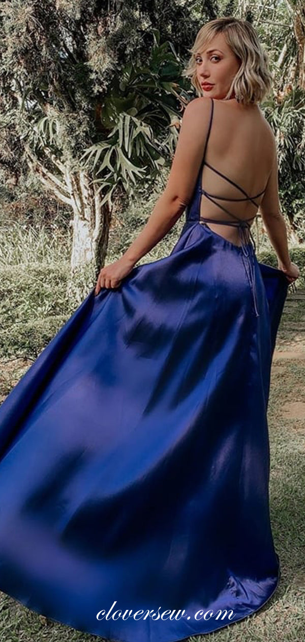 Royal Blue Elastic Satin Spaghetti Strap Lace Up Back Prom Dresses,CP0347