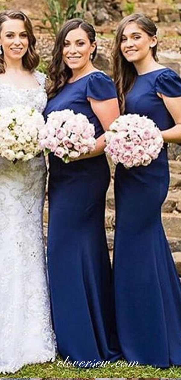 Royal Blue Jersey Cap Sleeves Mermaid Bridesmaid Dresses, CB0095
