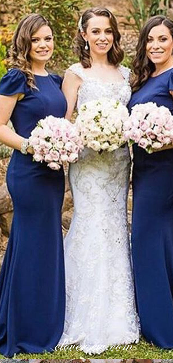 Royal Blue Jersey Cap Sleeves Mermaid Bridesmaid Dresses, CB0095