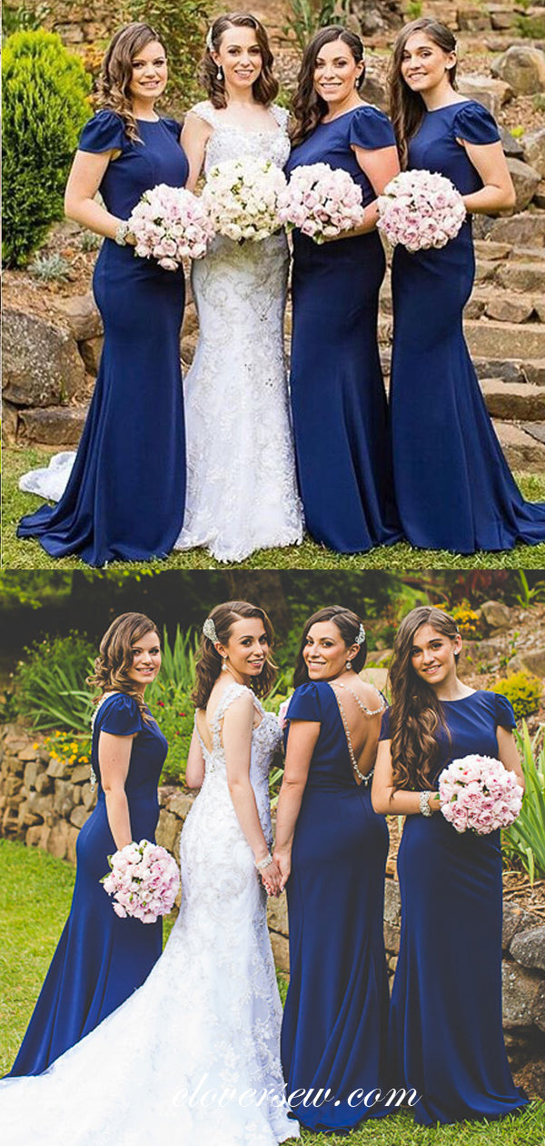 Royal Blue Jersey Cap Sleeves Mermaid Bridesmaid Dresses, CB0095
