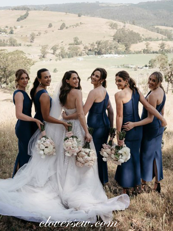 Royal Blue One Shoulder Sheath High Low Ankle Length Bridesmaid Dresses, CB0024
