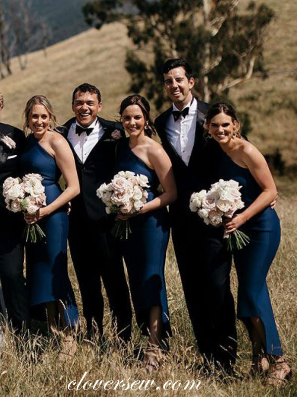 Royal Blue One Shoulder Sheath High Low Ankle Length Bridesmaid Dresses, CB0024
