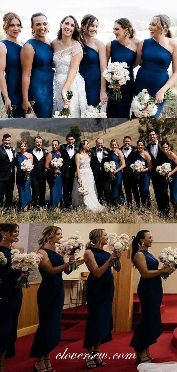Royal Blue One Shoulder Sheath High Low Ankle Length Bridesmaid Dresses, CB0024