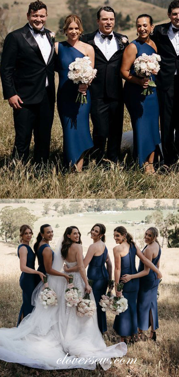 Royal Blue One Shoulder Sheath High Low Ankle Length Bridesmaid Dresses, CB0024