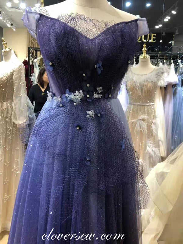 Royal Blue Sequin Tulle Off The Shoulder A-line Prom Dresses ,CP0172