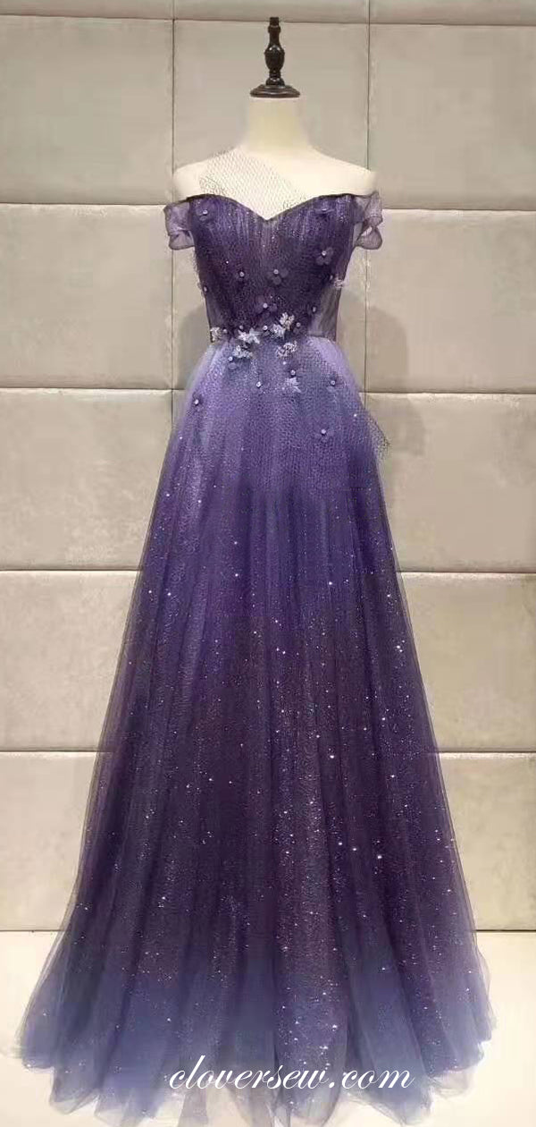 Royal Blue Sequin Tulle Off The Shoulder A-line Prom Dresses ,CP0172