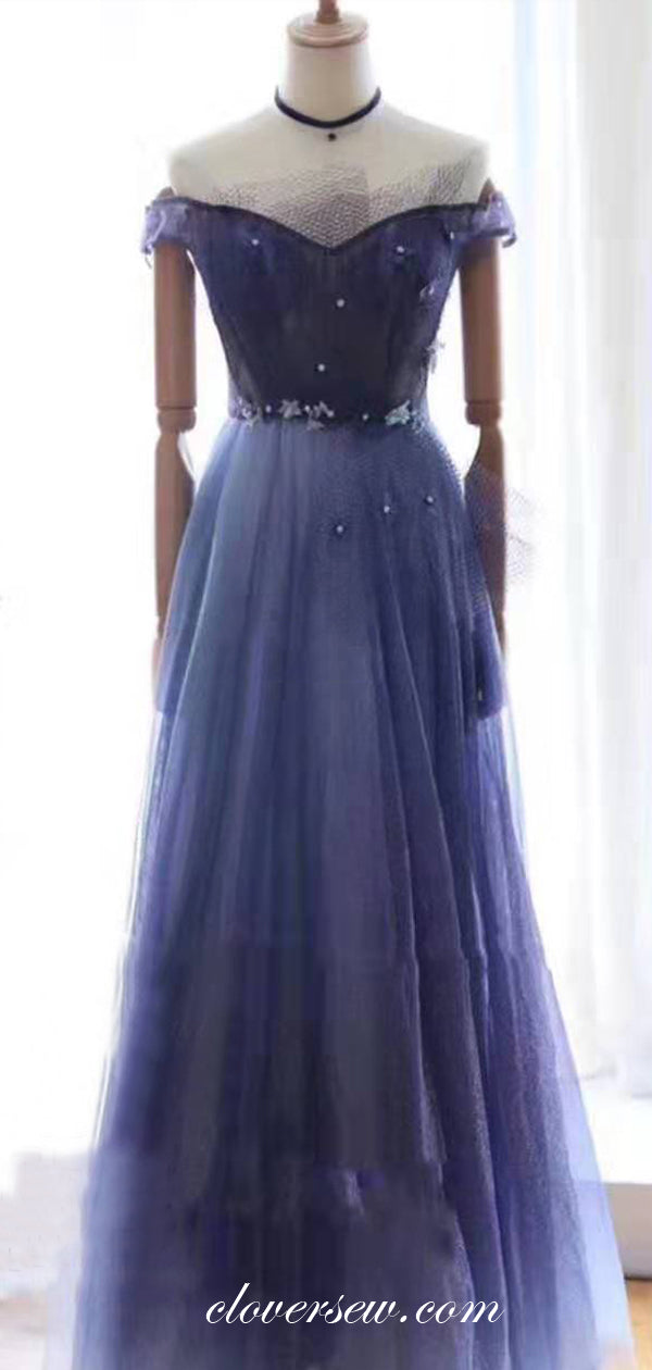 Royal Blue Sequin Tulle Off The Shoulder A-line Prom Dresses ,CP0172