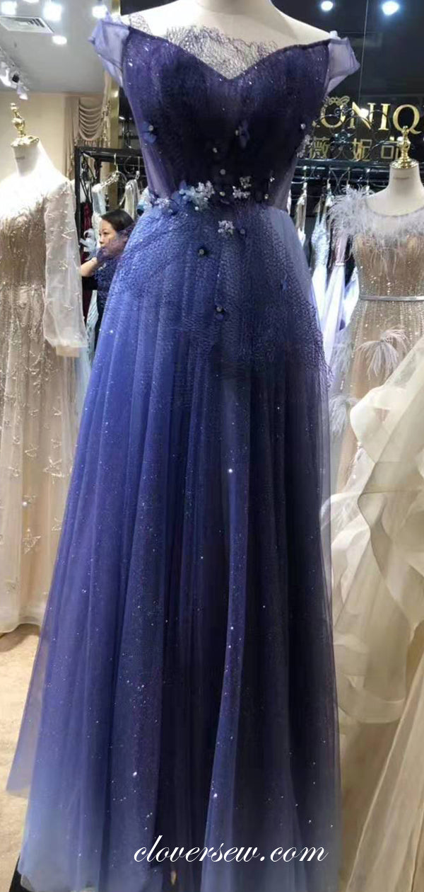 Royal Blue Sequin Tulle Off The Shoulder A-line Prom Dresses ,CP0172