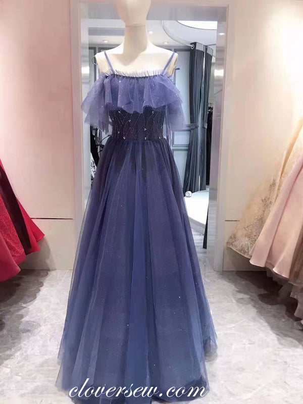 Royal Blue Shiny Tulle Spaghetti Strap Off The Shoulder A-line Prom Dresses ,CP0167