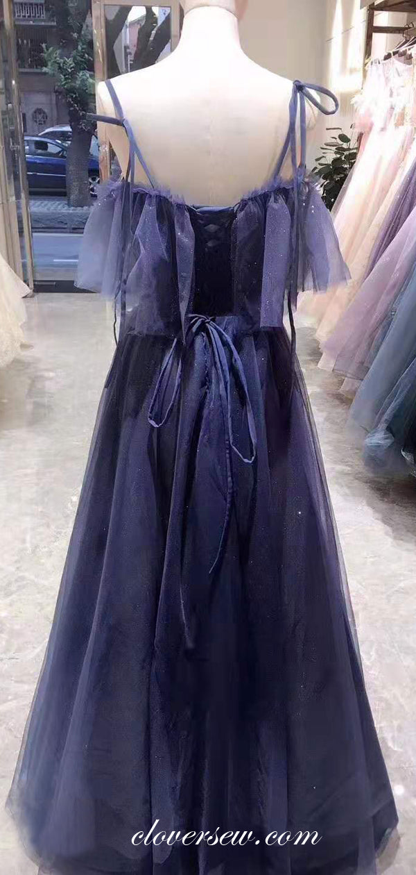 Royal Blue Shiny Tulle Spaghetti Strap Off The Shoulder A-line Prom Dresses ,CP0167