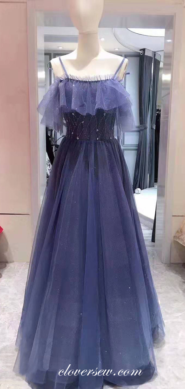 Royal Blue Shiny Tulle Spaghetti Strap Off The Shoulder A-line Prom Dresses ,CP0167