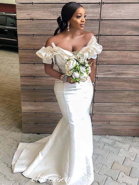 Ruffles Off The Shoulder Ivory Mermaid Bridesmaid Dresses,CB0212