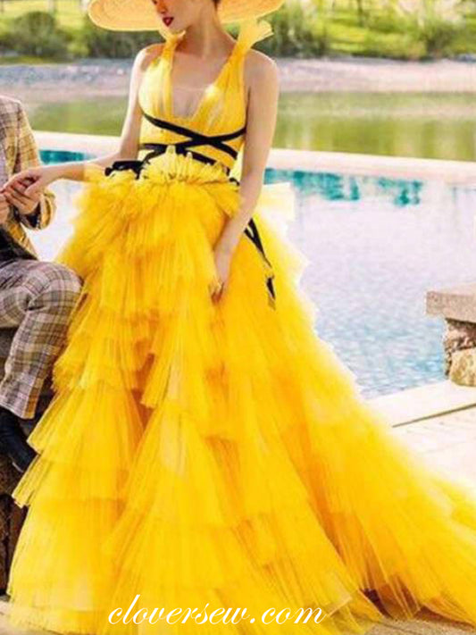 Ruffles Yellow Tulle Tiered Sleeveless A-line Prom Dresses,CP0411