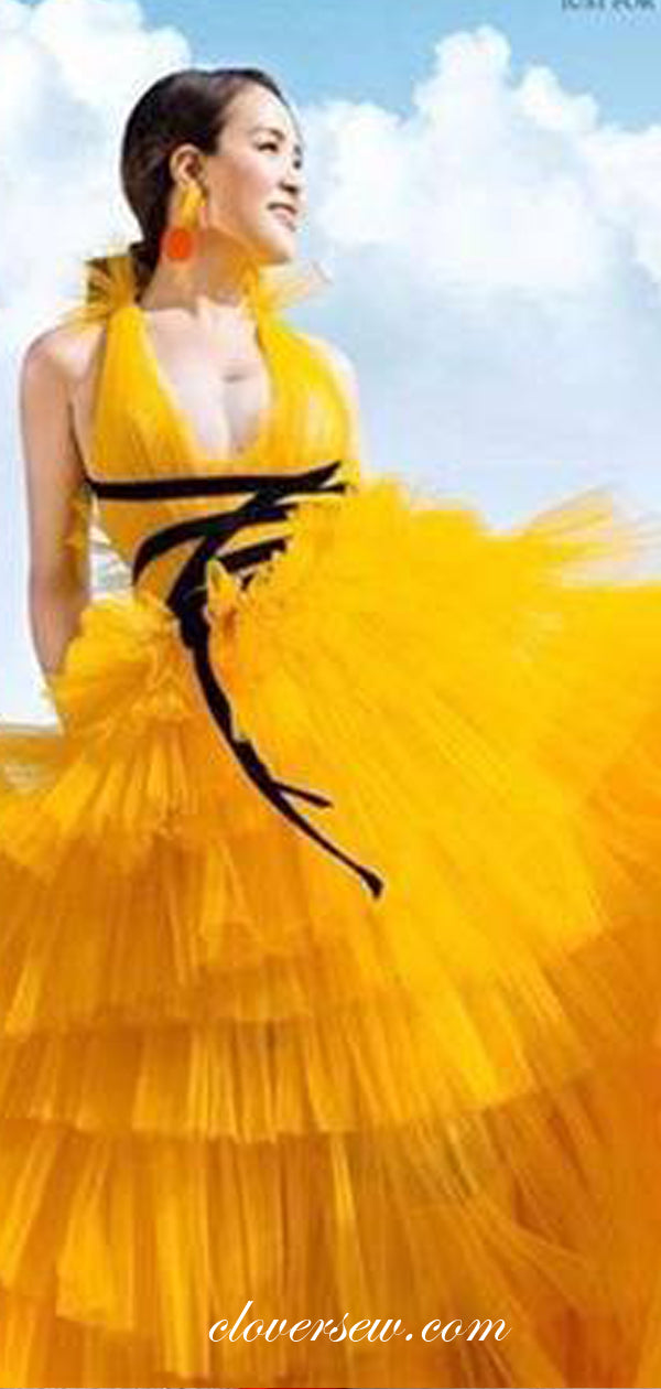 Ruffles Yellow Tulle Tiered Sleeveless A-line Prom Dresses,CP0411