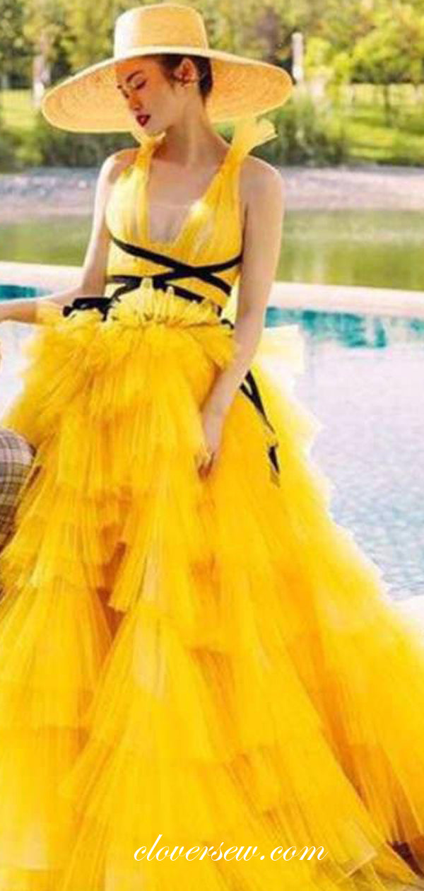 Ruffles Yellow Tulle Tiered Sleeveless A-line Prom Dresses,CP0411