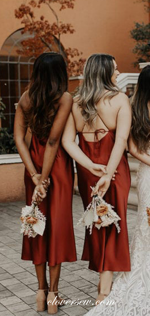 Rust Red Spaghetti Strap Open Back Tea Length Bridesmaid Dresses,CB0166
