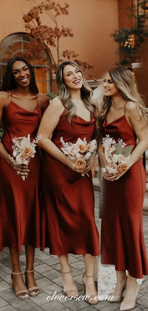 Rust Red Spaghetti Strap Open Back Tea Length Bridesmaid Dresses,CB0166