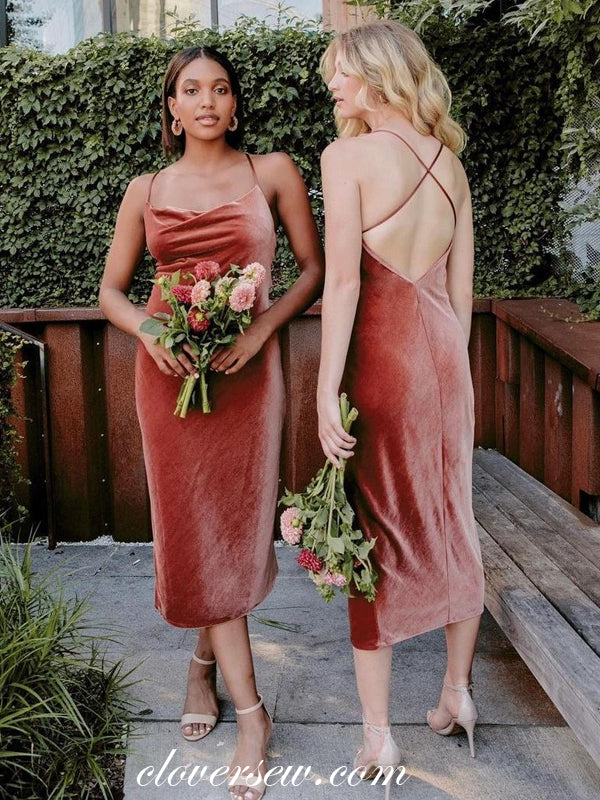 Rust Red Velvet Spaghetti Strap Sheath Short Bridesmaid Dresses, CB022 ...