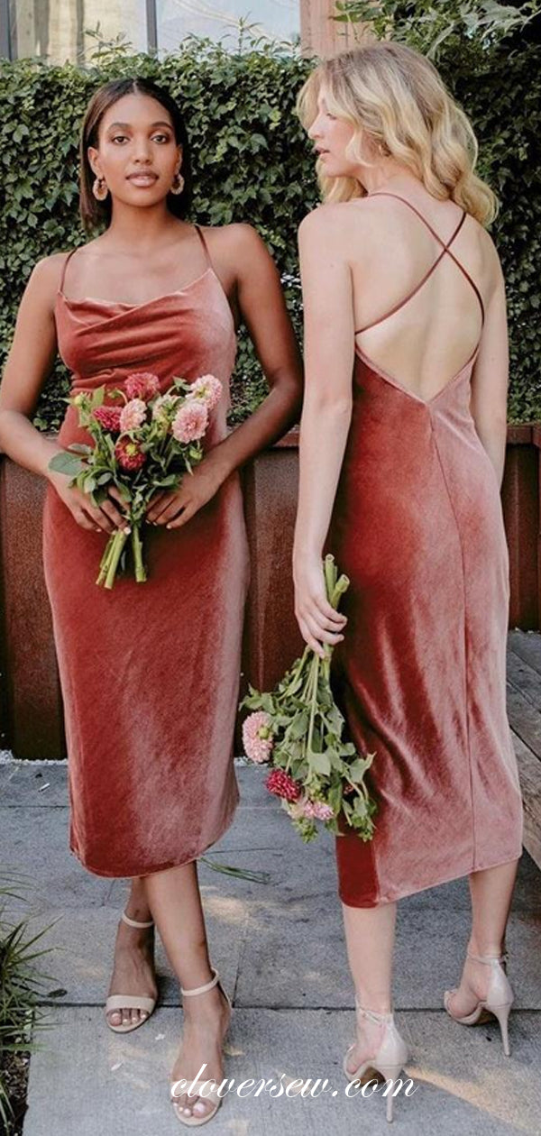 Rust Red Velvet Spaghetti Strap Sheath Short Bridesmaid Dresses, CB0221