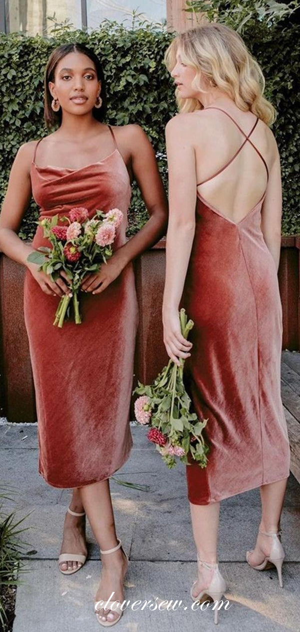 Rust Red Velvet Spaghetti Strap Sheath Short Bridesmaid Dresses, CB0221 Rust Red Velvet Spaghetti Strap Sheath Short Bridesmaid Dresses, CB0221
