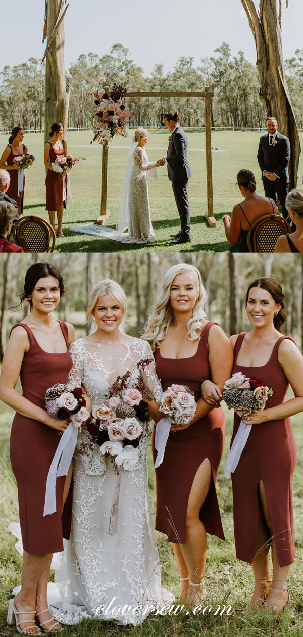 Rust Red Jersey Square Neck Sheath Knee Length Bridesmaid Dresses, CB0043 Rust Red Jersey Square Neck Sheath Knee Length Bridesmaid Dresses, CB0043