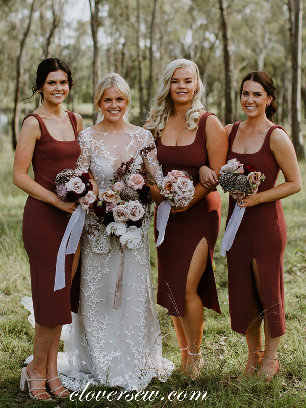 Rust Red Jersey Square Neck Sheath Knee Length Bridesmaid Dresses, CB0043 Rust Red Jersey Square Neck Sheath Knee Length Bridesmaid Dresses, CB0043