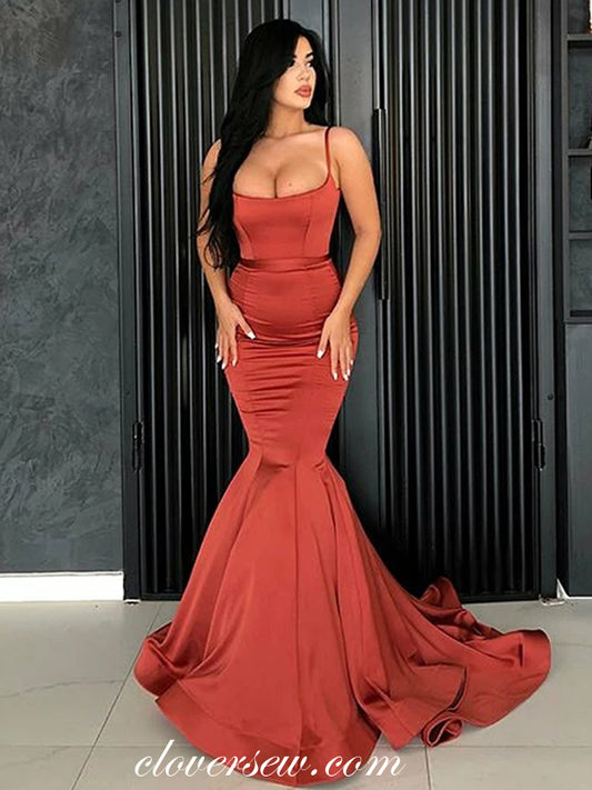 Rust Red Satin Spaghetti Strap Mermaid Prom Dresses,CP0235