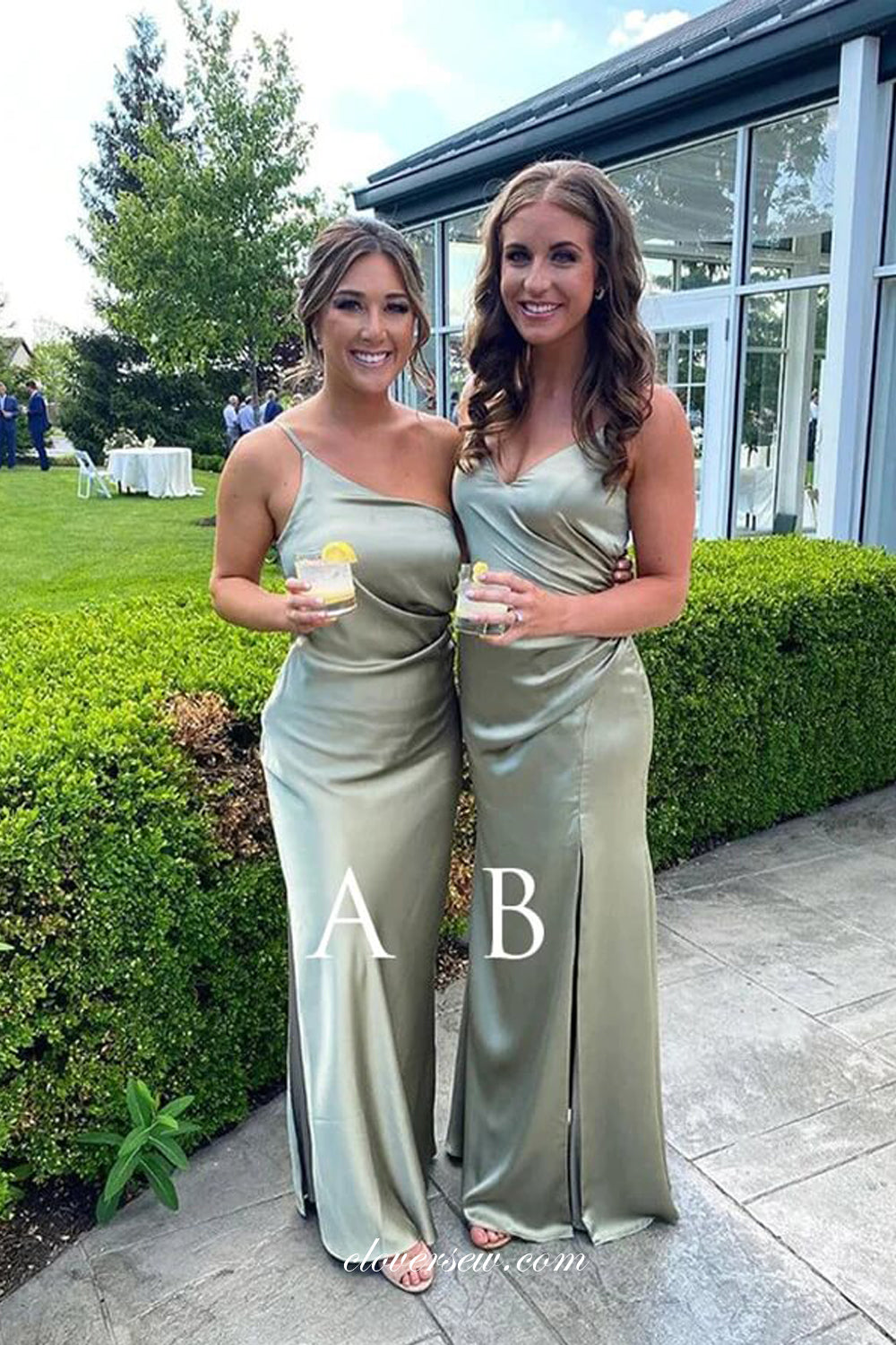 Sage Green Elastic Satin Spaghetti Strap Mismatched Long Bridesmaid Dresses, CB0280