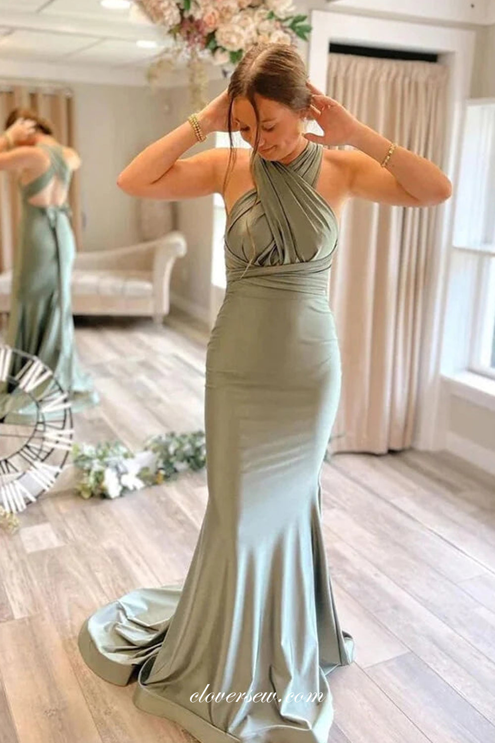 Sage Green Stylish Convertible Straps Mermaid Long Bridesmaid Dresses, CB0281