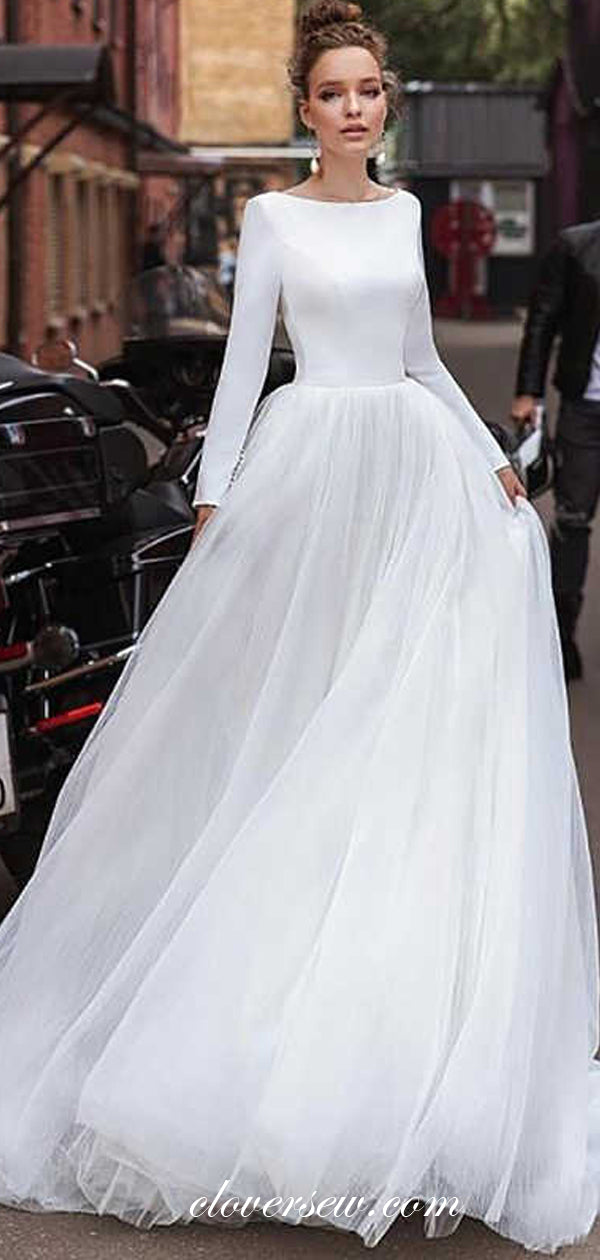 Satin Tulle Long Sleeves V-back A-line Wedding Dresses  ,CW0111