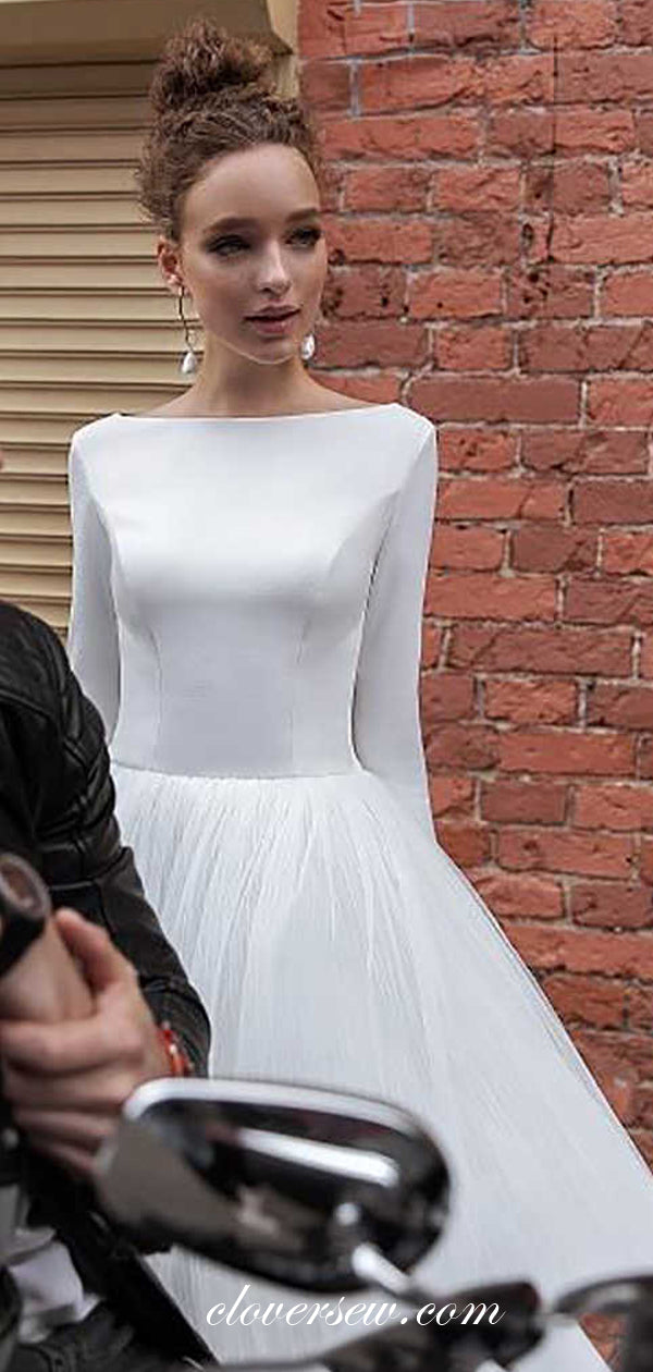 Satin Tulle Long Sleeves V-back A-line Wedding Dresses  ,CW0111